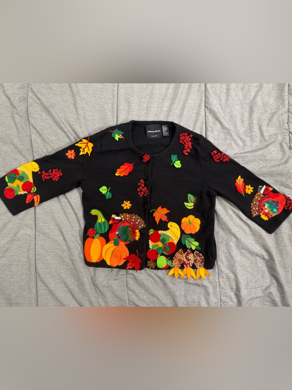 Michael Simon Black Thanksgiving Appliqué Cardigan